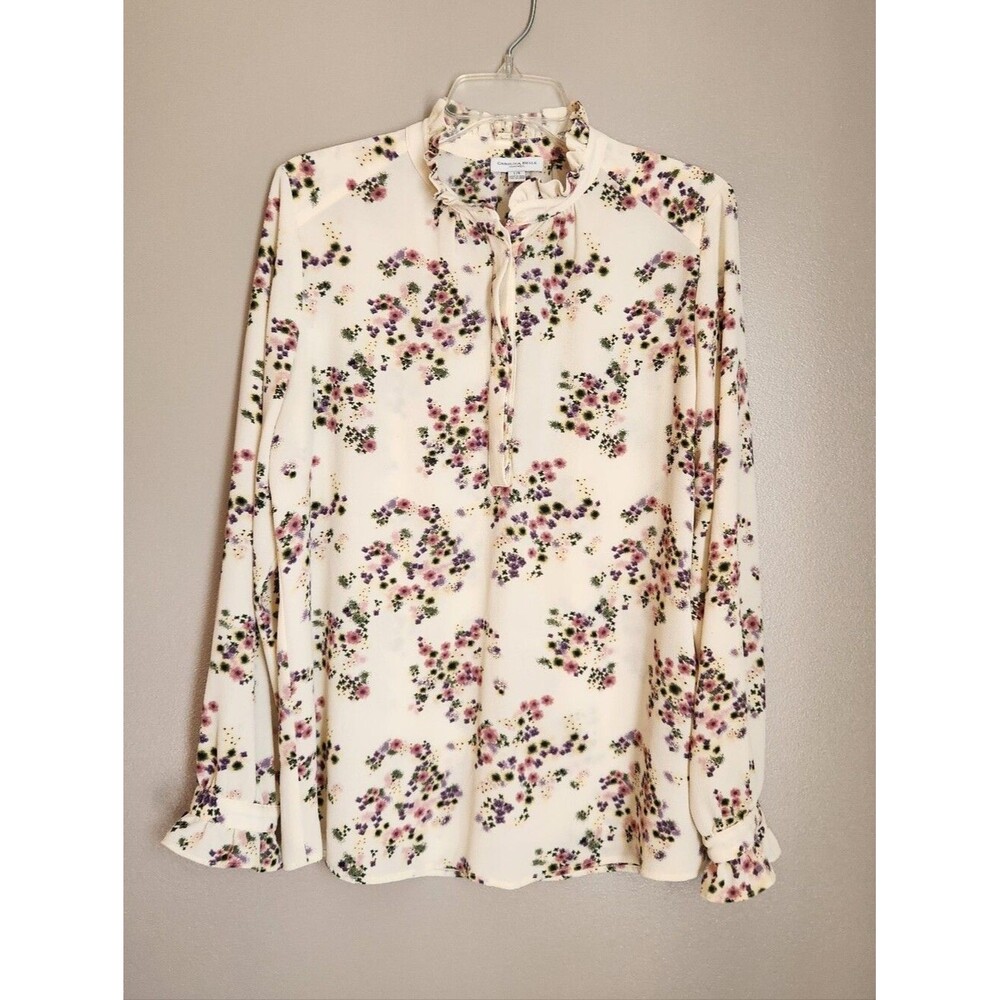 Carolina Belle Cream Floral Ruffle-Neck Blouse Size Large